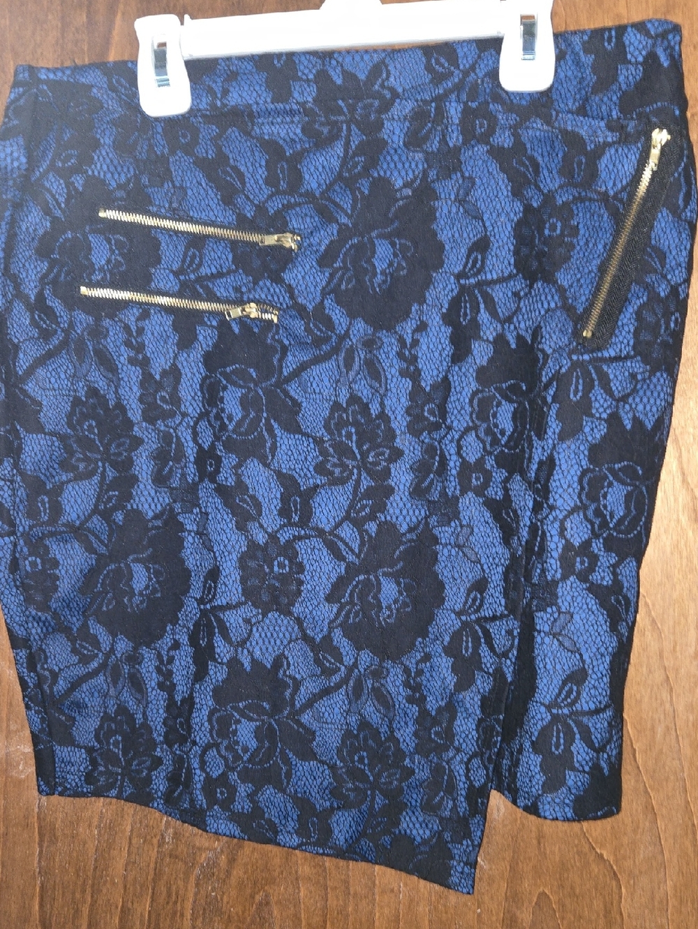 Blue and Black Floral Lace Pencil Skirt with Zip Details